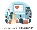 Medical School Vector Illustration with Students Listening to a  Lecture and Learning Science in a Classroom in a Flat Cartoon Style Background