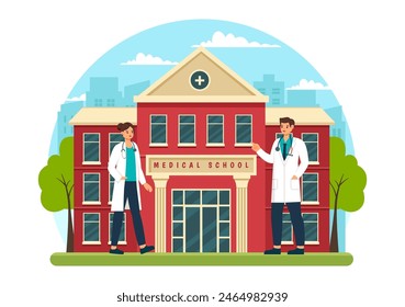 Medical School Vector Illustration with Students Listening to a  Lecture and Learning Science in a Classroom in a Flat Cartoon Style Background