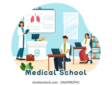 Medical School Vektorillustration mit Schülern, die eine Vorlesung hören und Wissenschaft in einem Klassenzimmer in einem flachen Cartoon-Stil Hintergrund