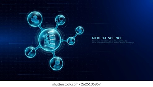 Medical science. Arthritis osteoporosis diagnosis. Human spine joint bone inside transparent molecule with icons doctor pill syringe stethoscope saline bag and cross. On dark blue background. Vector.