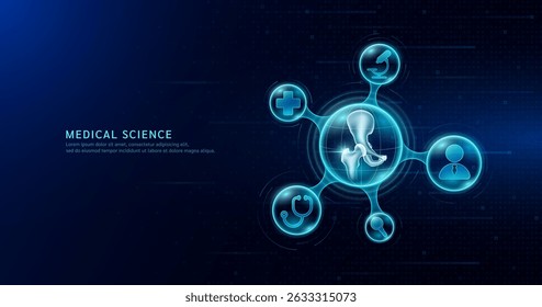 Medical science. Arthritis osteoporosis diagnosis. Human shoulder hip bone inside transparent molecule with icons doctor pill syringe stethoscope saline bag and cross. On dark blue background. Vector.