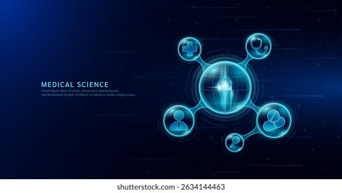 Medical science. Arthritis osteoporosis diagnosis. Human knee joint bone inside transparent molecule with icons doctor pill syringe stethoscope saline bag and cross. On dark blue background. Vector.