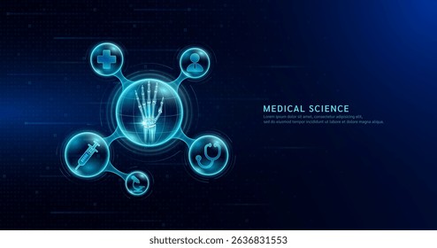 Medical science. Arthritis osteoporosis diagnosis. Human wrist finger bone inside transparent molecule with icons doctor pill syringe stethoscope saline bag and cross. On dark blue background. Vector.