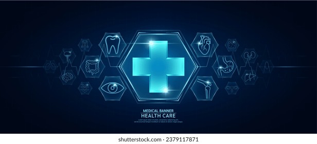 Medical science banner design template. Human organs icon symbols and cross. Health care medical check up too innovative futuristic digital technology. Examining organ and heart pulse. Vector.