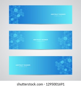 Medical science banner. With modern blue gradient color and fly out polygonal shapes. 3 options of horizontal banner template. Vector background illustration.