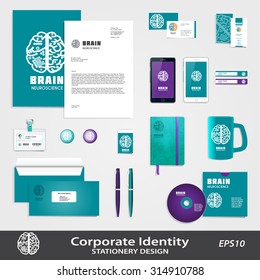Medical Science business identity set template with Human Brain hemispheres vector icon. Brain sign design for Neuroscience & Medicine. Creative & analytical brain division scheme. Layered, editable