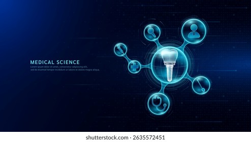 Medical science. Dental implant inside transparent molecule with icons doctor pill syringe stethoscope and plus sign. On dark blue digital technology background. Vector EPS10.