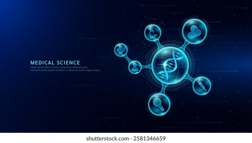 Medical science. Human cell DNA inside transparent molecule with icons doctor pill syringe stethoscope saline bag and cross. On dark blue digital technology background. Vector EPS10.