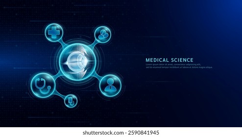 Medical science. Human eye organ inside transparent molecule with icons doctor pill syringe stethoscope saline bag and cross. On dark blue digital technology background. Vector EPS10.