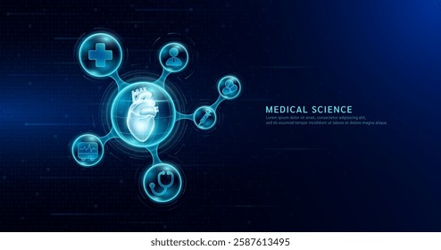 Medical science. Human heart organ inside transparent molecule with icons doctor pill syringe stethoscope saline bag and cross. On dark blue digital technology background. Vector EPS10.