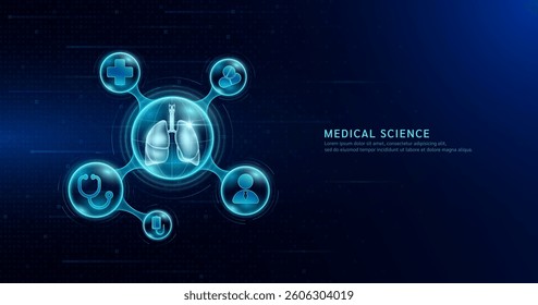 Medical science. Human lung organ inside transparent molecule with icons doctor pill syringe stethoscope saline bag and cross. On dark blue digital technology background. Vector EPS10.