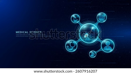 Medical science. Human nerve cell inside transparent molecule with icons doctor pill syringe stethoscope saline bag and cross. On dark blue digital technology background. Vector EPS10.