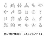 Medical science icons. Simple line chemistry virus lab set of medical analysis experiment, laboratory test flask, chemical formula and reaction tube. Vector illustration editable stroke