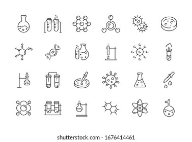 Medical science icons. Simple line chemistry virus lab set of medical analysis experiment, laboratory test flask, chemical formula and reaction tube. Vector illustration editable stroke - Shutterstock ID 1676414461