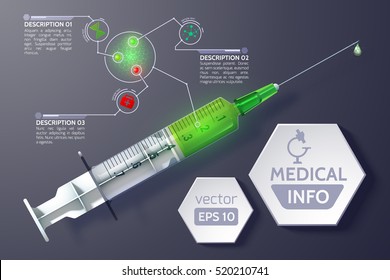 Medical science infographics with syringe hexagons text and simple icons in realistic style
