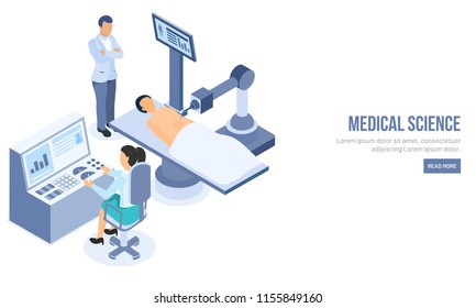 Medical Science landing page design with doctor doing check up of patient by comen anesthesia machine. 