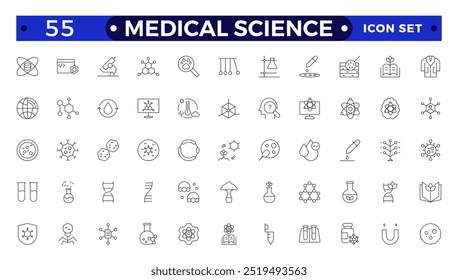 Medical science outline icons collection. Thin outline pack. Drug testing, scientific discovery disease prevention signs. Medical healthcare, doctor icons. Chemical formula, chemistry testing lab.
