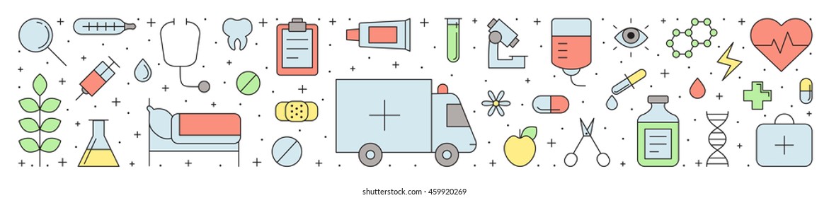 Medical and science vector horizontal outline illustration. Clean and simple design.