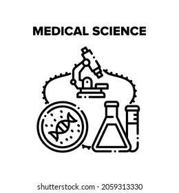 Concepto de icono del vector de la ciencia médica. Ciencia Médica Para El Desarrollo Y Prueba De Productos Farmacéuticos, La Investigación Del Adn Humano Y La Molécula Con Equipo De Laboratorio Microscopio Ilustración Negra