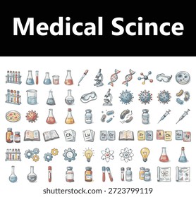 Conjunto de íconos de Vectores de ciencias médicas con equipos de laboratorio, ADN, virus, vacunas, microscopios, tubos de ensayo, símbolos químicos y Elementos de atención médica. Iconos limpios de estilo plano ideales para proyectos médicos, sanitarios, farmacéuticos, científicos, de investigación, educativos y de diseño digital.
