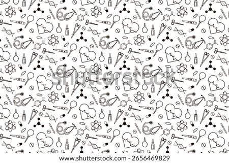 Medical science vector illustration featuring a seamless pattern with DNA, stethoscope, test tubes, and more. Ideal for healthcare and research-themed designs, this black and white motif adds a scient