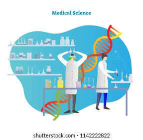 Medical science vector illustration. Scientists test and research pills, drugs, medicine or prescription. Laboratory with pharmacy, chemistry and scientific tools. Beaker, cylinder and flask equipment