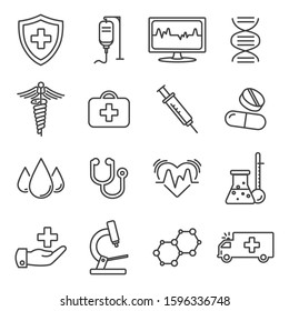 Medical and science vector lines icon set. Contains such Icons as health, microscope, stethoscope and more. Editable Stroke