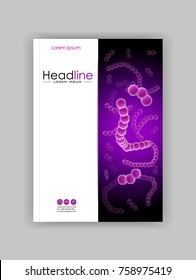 Medical, scientific, academic  journal cover A4 design. Colony of bacterial cells. Velvet  luminescence, Purple Virus, flagellum bacteria, microbe, germ background. Microorganism abstract Vector.  