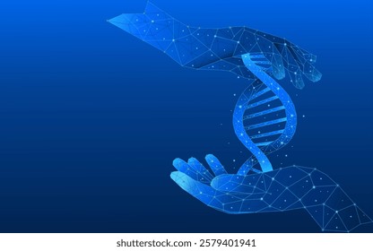 Medical and scientific concept of DNA helix in a hand on a blue background. Digital hand holding a double helix in a futuristic low poly monochrome wireframe style.