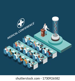 Medical Scientific Conference Isometric Hall Interior Element With Dna Model Podium Presentation For Participants Background Vector Composition 