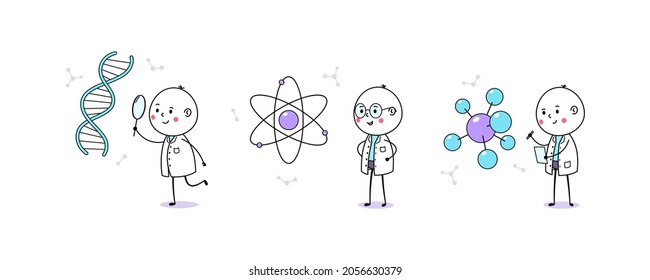 Medical and scientific research. Cartoon doodle man, cute doctor and scientist. DNA and gene research, atom and molecular structure, medical laboratory. Cute cartoon characters, vector illustration