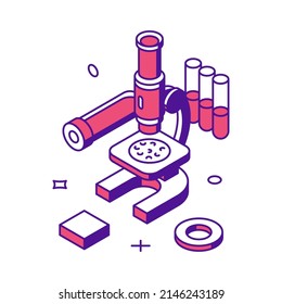 Medical scientific research innovation discovery laboratory biotechnology with microscope 3d icon isometric vector illustration. Chemistry dna molecule chromosome chemistry engineering experiment