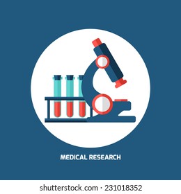 Medical and scientific research. Microscope and test tubes icons