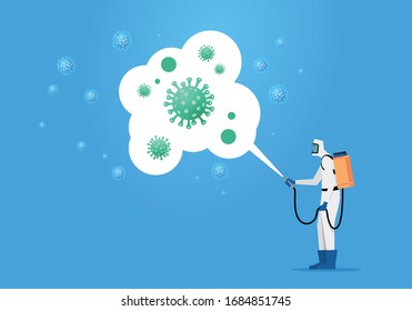 Medical scientist cleaning and disinfecting covid-19 coronavirus cells. Epidemic virus concept. Pandemic health risk.