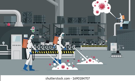 Medical scientist cleaning and disinfecting covid-19 coronavirus cells in a factory. Epidemic virus concept. Pandemic health risk.