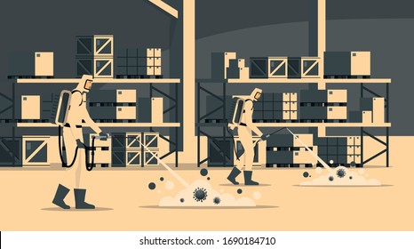 Medical scientist cleaning and disinfecting covid-19 coronavirus cells in a warehouse or storehouse industrial and logistic company. Epidemic virus concept. Pandemic health risk.
