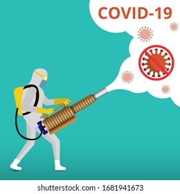 Medical scientist disinfecting bacteria virus. Preventive measures pandemic health risk in hazmat suit cleaning disinfecting corona virus cells, disease. MERS-CoV concept wuhan 2019-nCoV.