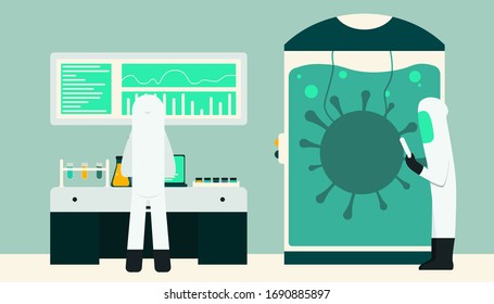 Medical scientist research for covid-19 vaccine. Flat vector design illustration EPS.10