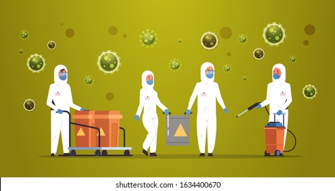 medical scientists in hazmat suits cleaning and disinfecting coronavirus cells epidemic MERS-CoV virus concept wuhan 2019-nCoV pandemic health risk full length horizontal vector illustration