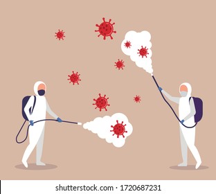 Medical scientists in hazmat suits cleaning and disinfecting coronavirus cells epidemic.Spray to Cleaning and Disinfection Virus, Covid-19, Coronavirus Disease, Preventive Measures. Vector illustration