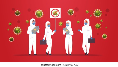 medical scientists in hazmat suits holding stop coronavirus banner and barrel with biohazard epidemic MERS-CoV virus concept wuhan 2019-nCoV pandemic health risk full length horizontal vector