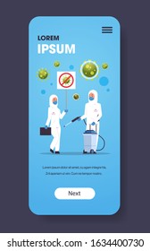 medical scientists in hazmat suits holding stop coronavirus banner disinfecting epidemic MERS-CoV virus concept wuhan 2019-nCoV pandemic health risk full length smartphone screen mobile app vertical