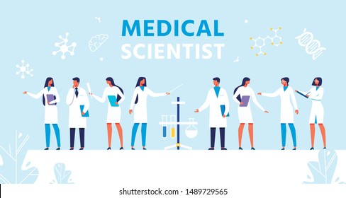 Medical Scientists Set Presentation Flat Banner. Cartoon Professional Clinical or Scientific Laboratory Staff, Doctor and Nurses in Uniform Standing Together. Vector Team Characters Flat Illustration