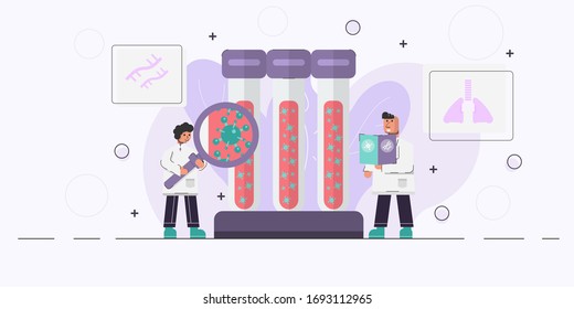 Medical scientists study coronavirus structure from blood sample and the other one hold magnifying glass and examine virus. Concept health science character design.