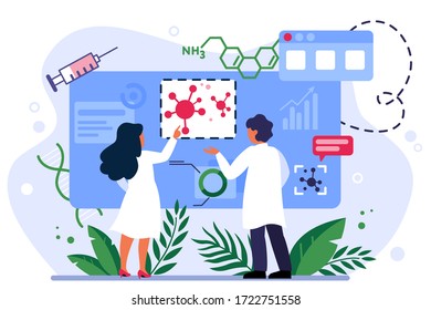 Medical scientists studying corona virus pandemic infographics. Doctors analyzing Covid 2019 outbreak dynamics. Chemists doing lab researches of coronavirus infection spread. Flat vector illustration