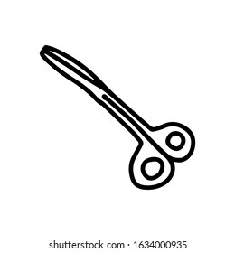 Medical scissors in hand drawn doodle style isolated on white background. Vector stock outline illustration. Single. Sign element. Medical equipment. Logo. Print. Line art. Coloring book. Logotype.