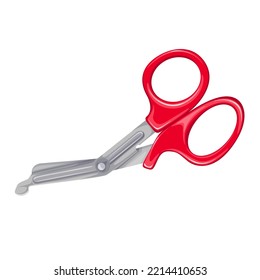 Medical Scissors Vector Illustration. Cartoon Isolated Hospital Metal Sharp Scissors With Red Handles, Doctors Tool For Cutting Sterile Bandage, Instrument From First Aid Kit, Emergency Supplies