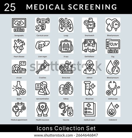Medical Screening icon set collection in outline style. an icon pack contain lungs, smartwatch, blood pressure, heart disease, liver organ, x rays, defribillator, ecg, ct scan, crutches