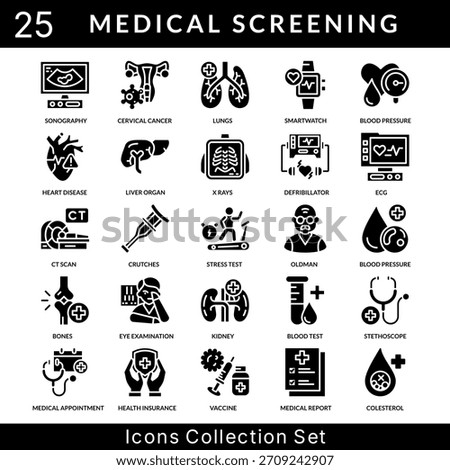 Medical Screening icon set collection in solid glyph style. an icon pack contain lungs, smartwatch, blood pressure, heart disease, liver organ, x rays, defribillator, ecg, ct scan, crutches
