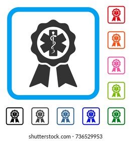 Medical Seal icon. Flat gray iconic symbol inside a light blue rounded frame. Black, gray, green, blue, red, orange color additional versions of Medical Seal vector.